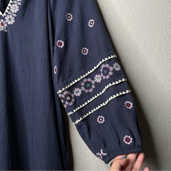 Madewell Embroidered Neck-Tie Midi Dress Floral V-neckline 100% Cotton Bohemian - Picture 5 of 12